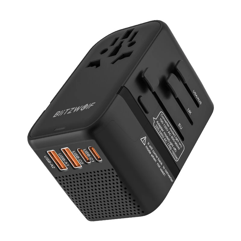 BlitzWolf® BW-TA3 Universal Travel Adapter with 4 AC Outlet 2 USB-C 2 USB-A Ports International Travel Plug 220V to 110V Step-Down Power Voltage Converter for EU UK US AUS