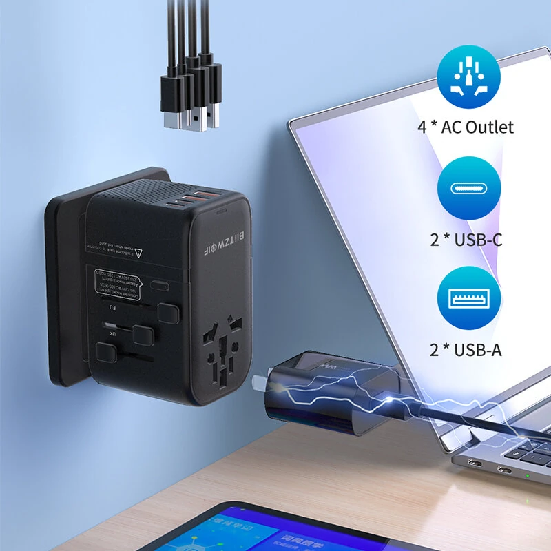 BlitzWolf® BW-TA3 Universal Travel Adapter with 4 AC Outlet 2 USB-C 2 USB-A Ports International Travel Plug 220V to 110V Step-Down Power Voltage Converter for EU UK US AUS