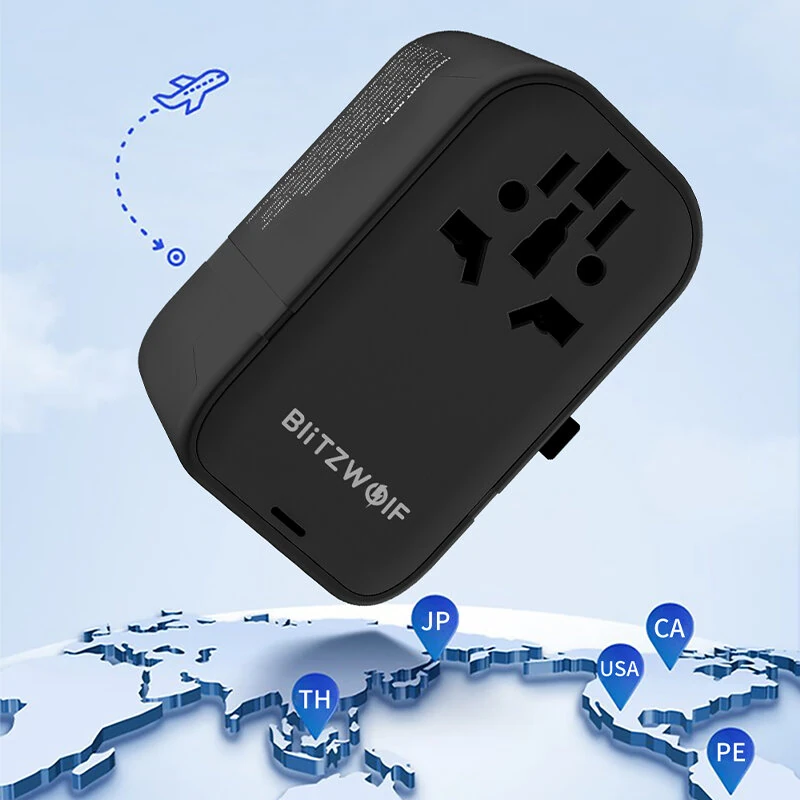 BlitzWolf® BW-TA3 Universal Travel Adapter with 4 AC Outlet 2 USB-C 2 USB-A Ports International Travel Plug 220V to 110V Step-Down Power Voltage Converter for EU UK US AUS