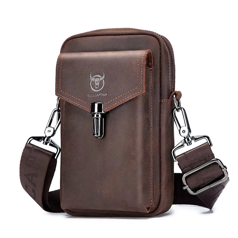 BULLCAPTAIN Genuine Leather Men's Waist Bags Crossbody Bages Multifunctional 7-inch Mobile Phone Practical Bag for Male Casual Shoulder Messenger Bages