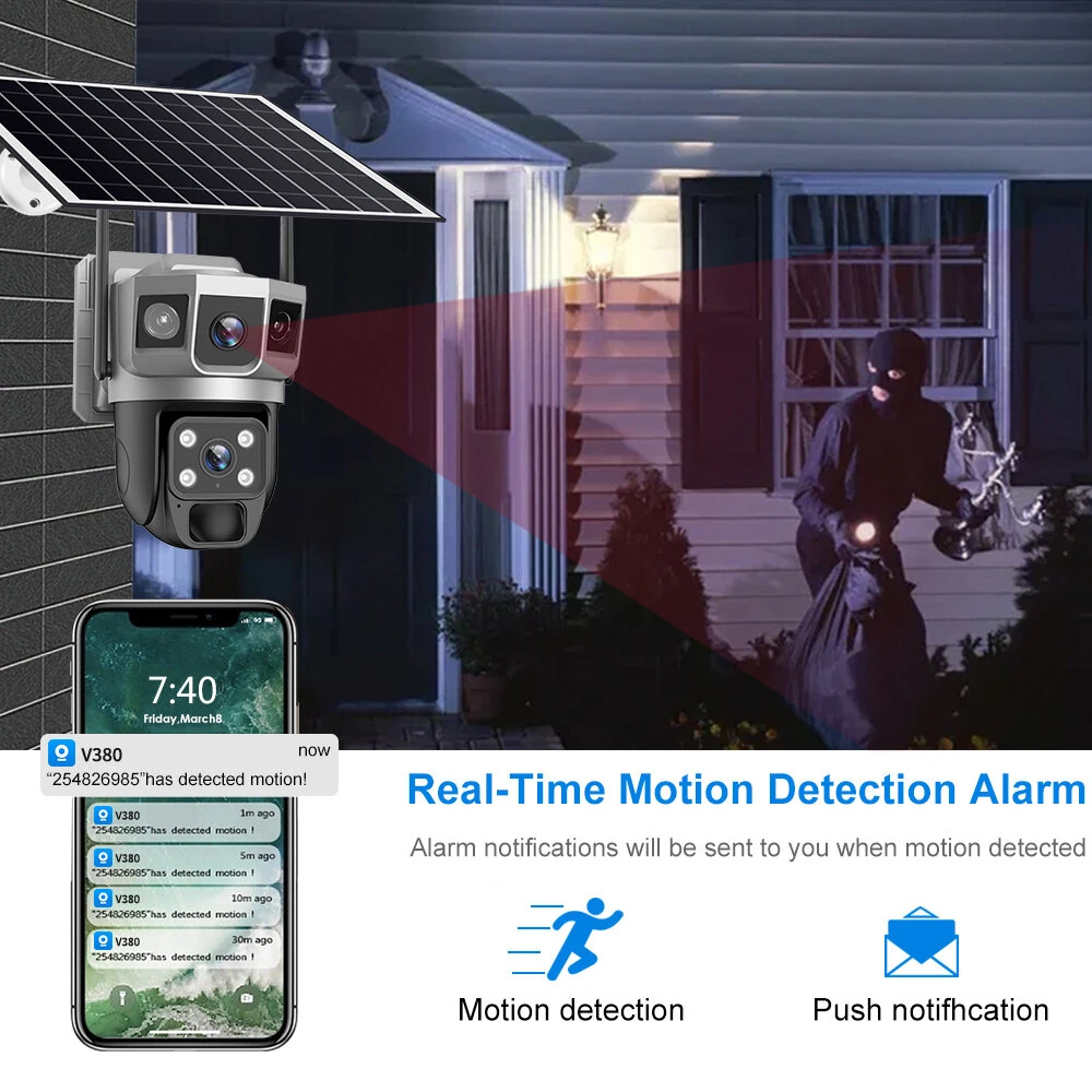 V380 Pro 12MP Solar Powered Three-lens Camera 4G/WiFi Wireless PTZ PIR Motion Detect Night Vision Two Way Audio IP66 Waterproof Outdoor CCTV Security Camera