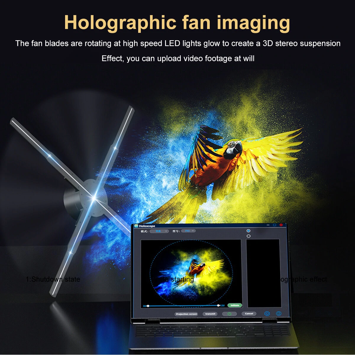 P56 Naked Eye 3D HD Fan Holographic Projector 3D Holographic Projector Remote Advertising Display Support Picture Video Gif logo
