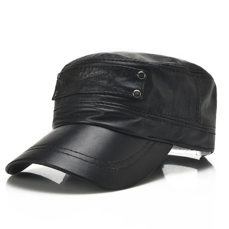 Collrown Genuine Sheepskin Leather Cap Men's Flat Cap Adjustable Outdoor Casual Black Caps for Spring Fall