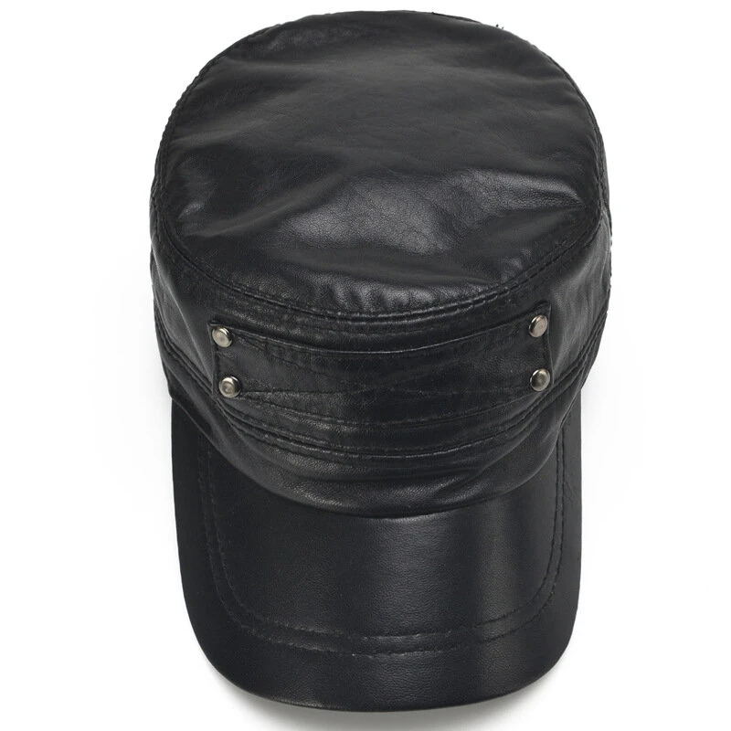 Collrown Genuine Sheepskin Leather Cap Men's Flat Cap Adjustable Outdoor Casual Black Caps for Spring Fall