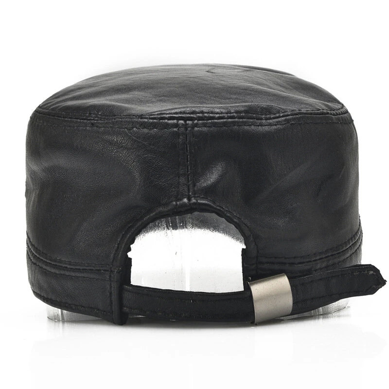 Collrown Genuine Sheepskin Leather Cap Men's Flat Cap Adjustable Outdoor Casual Black Caps for Spring Fall
