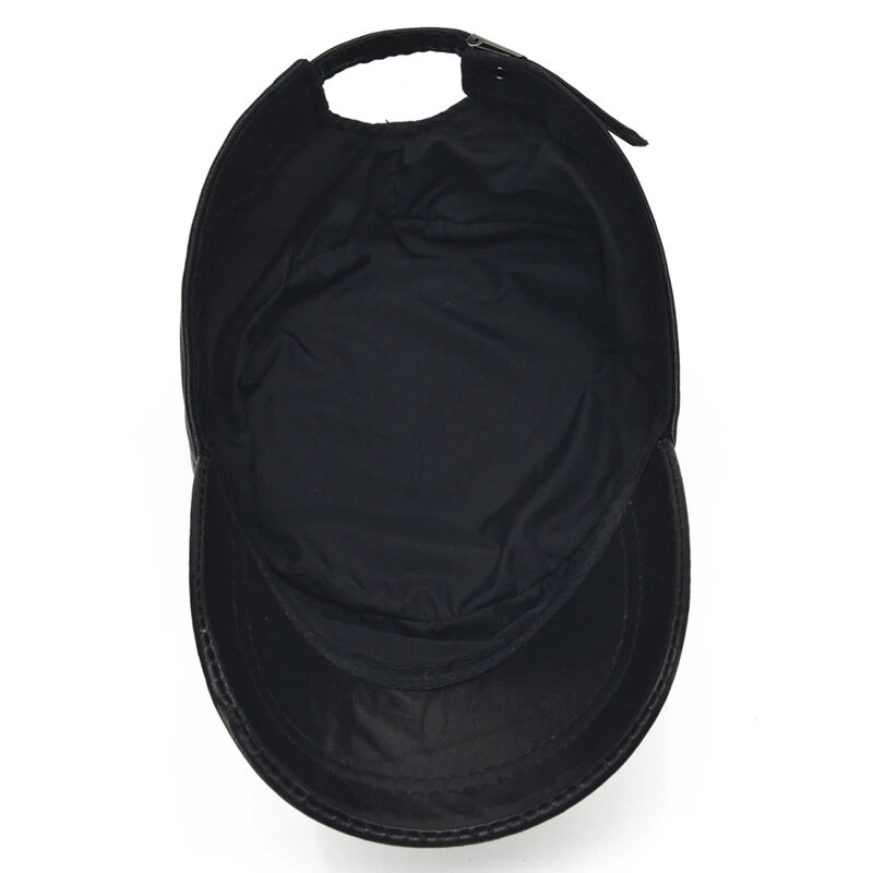 Collrown Genuine Sheepskin Leather Cap Men's Flat Cap Adjustable Outdoor Casual Black Caps for Spring Fall