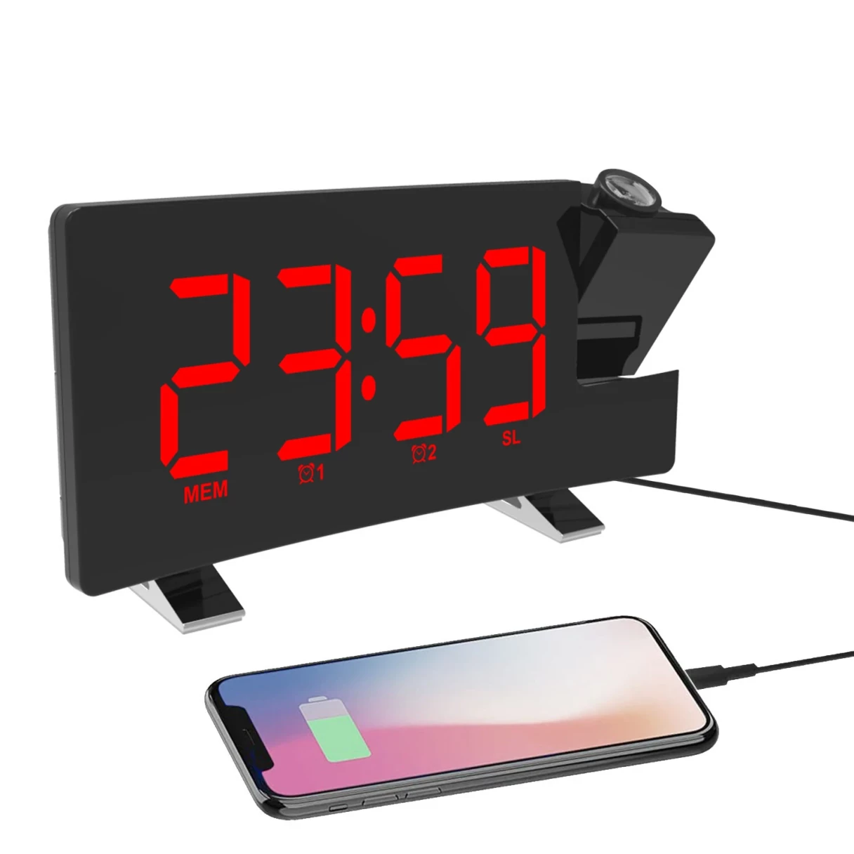 AGSIVO 8 Inch Projection Alarm Clock with 180° Rotatable Projector / FM Radio / Snooze / 3-Level Brightness Dimmer / Curved Clear LED Display / USB Charger For Bedroom Living Room