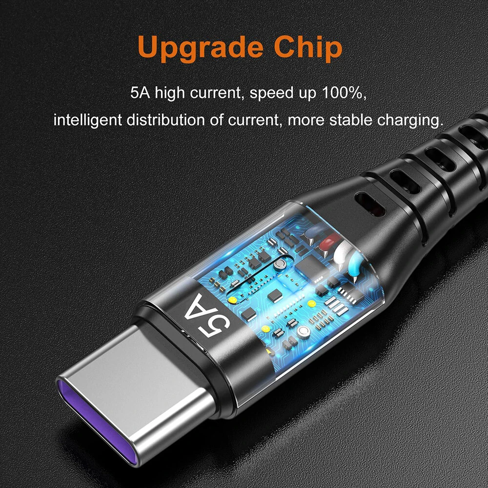 USLION 5A USB to Type-C Cable QC SCP AFC PPS MTK PE Fast Charging Data Transmission Nylon Core Line 1M/2M Long for Samsung Galaxy Note 20 for Huawei Mate50 for Xiaomi Mi12