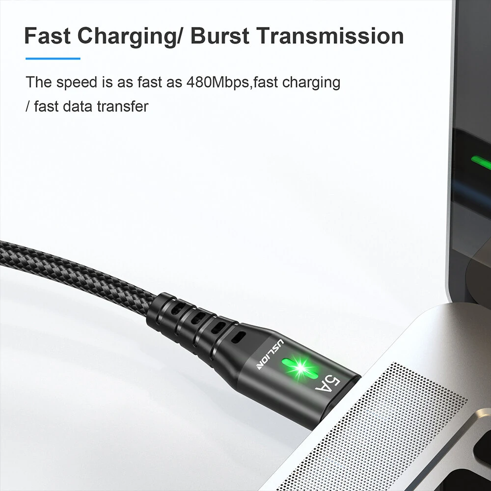 USLION 5A USB to Type-C Cable QC SCP AFC PPS MTK PE Fast Charging Data Transmission Nylon Core Line 1M/2M Long for Samsung Galaxy Note 20 for Huawei Mate50 for Xiaomi Mi12