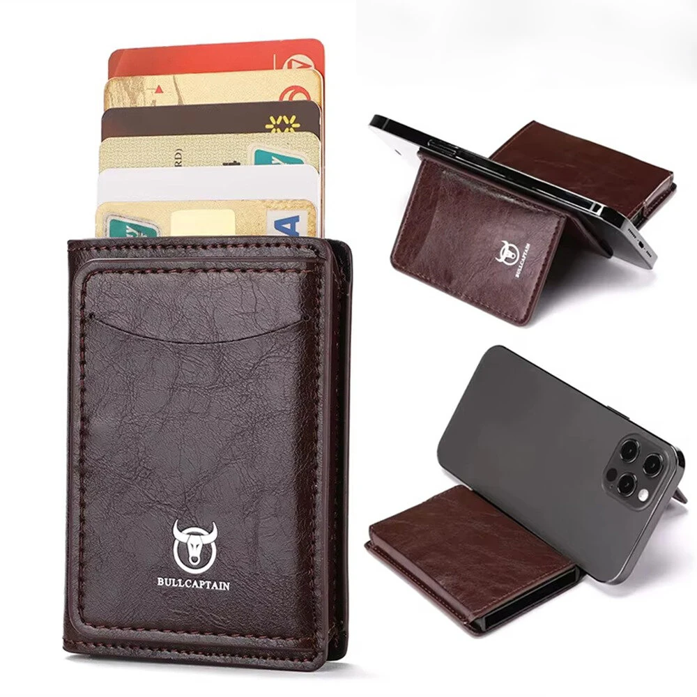 BULLCAPTAIN Men's Mobile Phone Holder Card Holder RFID Blocking Leather Wallet Aluminium Box Credit Card Holder Money Clip Slim Design Secure Protected