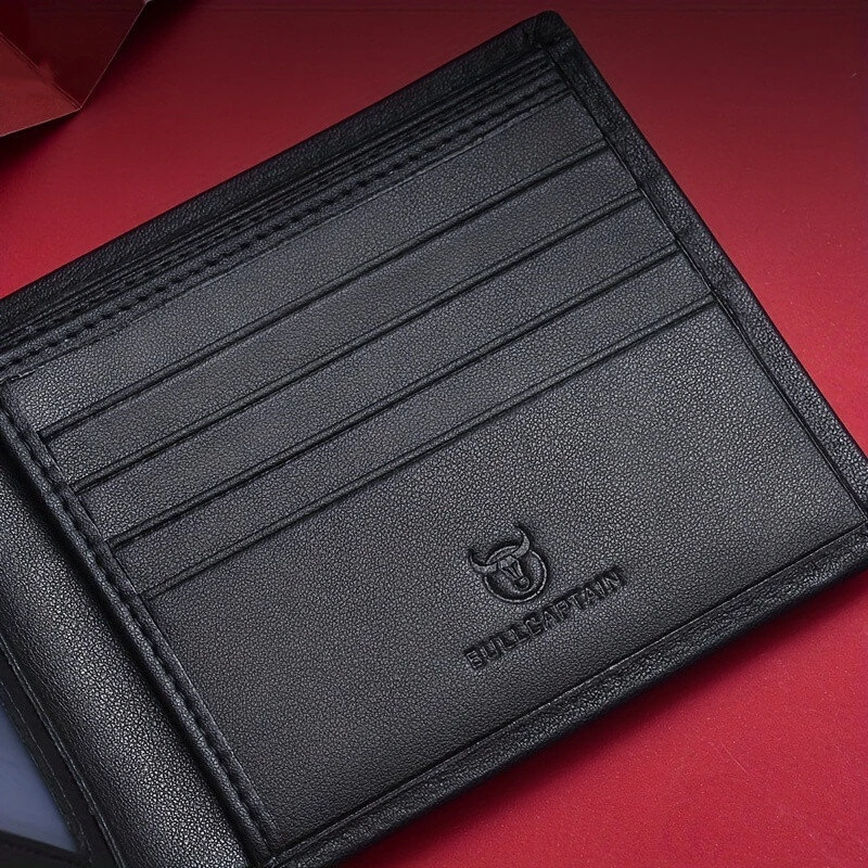 BULLCAPTAIN Men's Genuine Leather Wallet Black Cowhide Large Capacity Multi-card Folding Purse Credit Card Holder with Gift Box