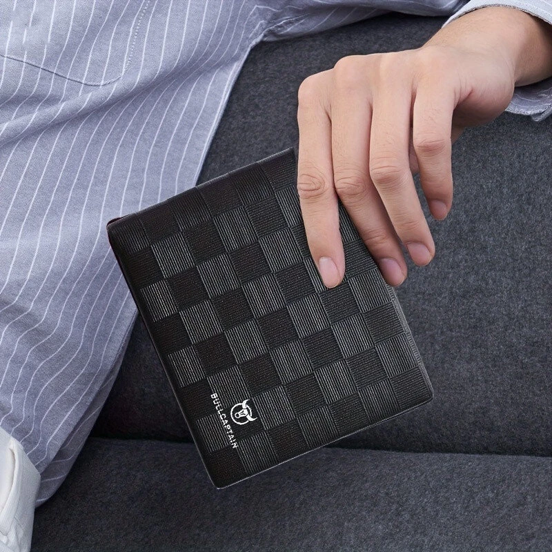 BULLCAPTAIN Men's Genuine Leather Wallet Black Cowhide Large Capacity Multi-card Folding Purse Credit Card Holder with Gift Box