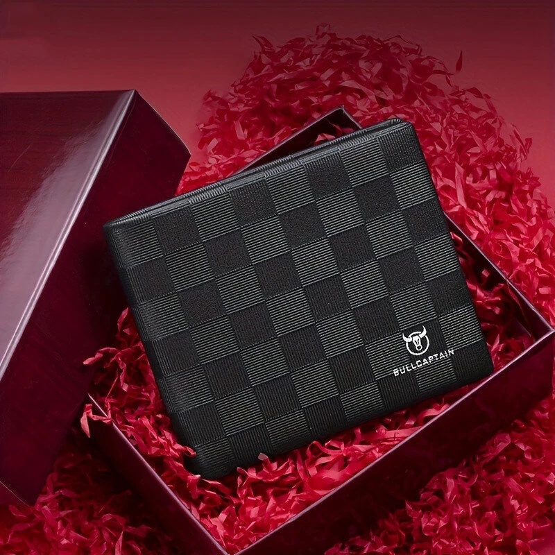 BULLCAPTAIN Men's Genuine Leather Wallet Black Cowhide Large Capacity Multi-card Folding Purse Credit Card Holder with Gift Box