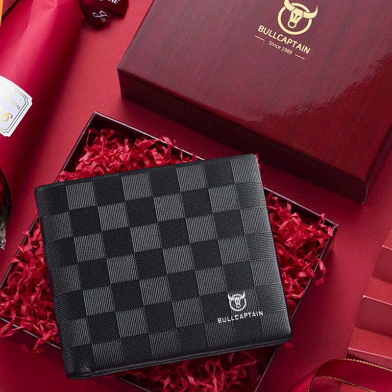 BULLCAPTAIN Men's Genuine Leather Wallet Black Cowhide Large Capacity Multi-card Folding Purse Credit Card Holder with Gift Box