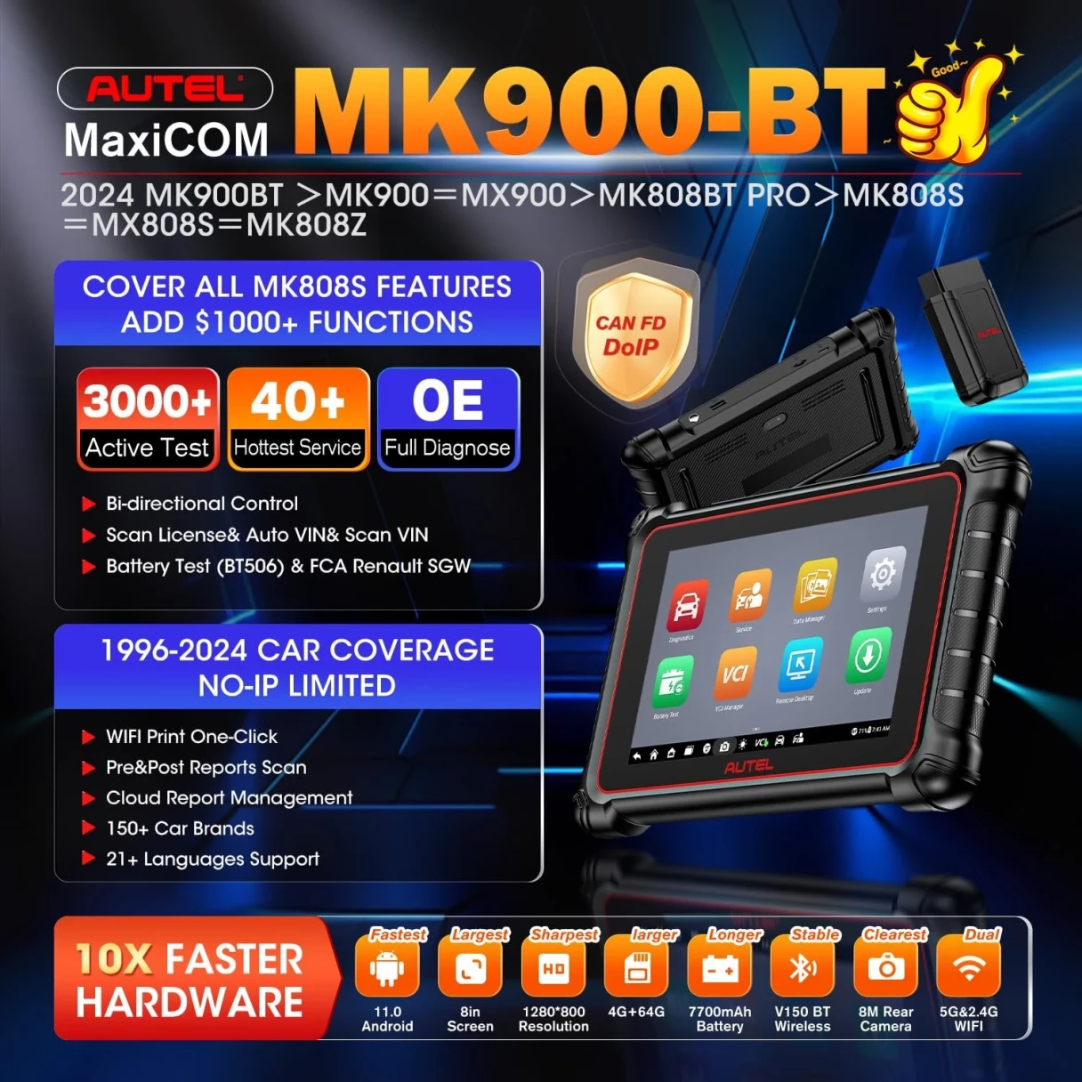 Autel MK900BT MK900-BT Code Reader Diagnostic Scan Tool CAN FD DOIP OBD2 Scanner Active Test Upgrade MK900 MK808S