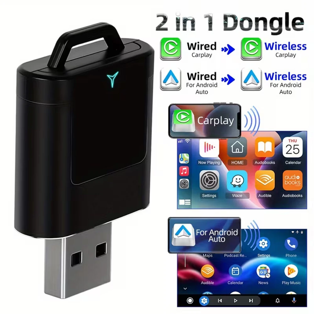 Wired to Wireless CarPlay Android Auto 2in1 Mini Adapter 5GHz WiFi5 Suitable for Original Wired Carplay/Auto Cars
