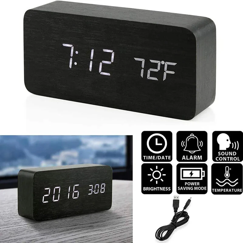LED Electronic Wooden Alarm Clock Time Temperature Display USB + Battery Dual Power Supply Digital Alarm Clock LED Alarm Clock with Temperature Desk Clocks for Office Bedside Clock