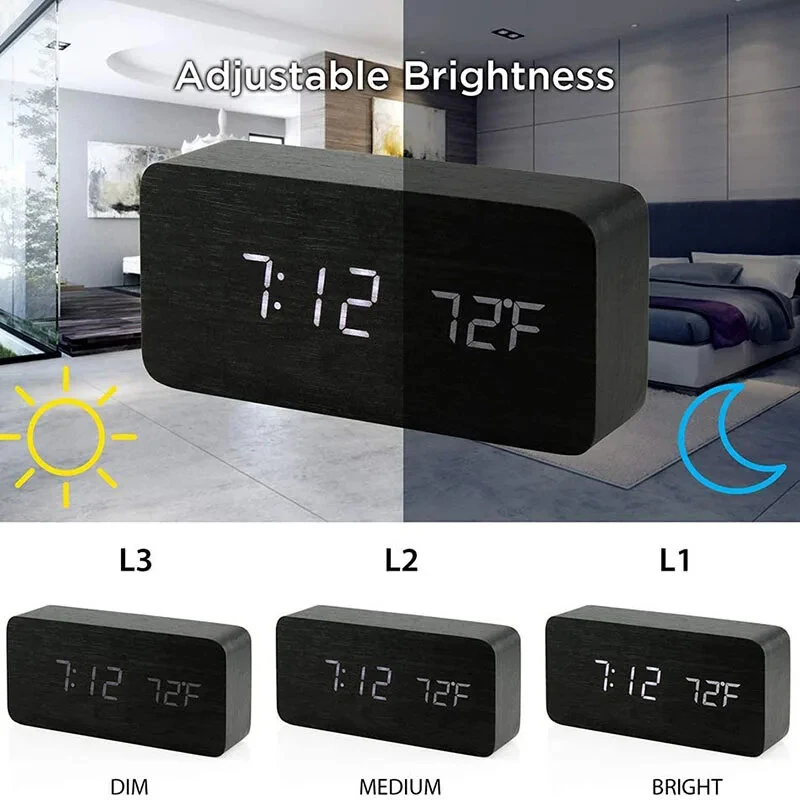 LED Electronic Wooden Alarm Clock Time Temperature Display USB + Battery Dual Power Supply Digital Alarm Clock LED Alarm Clock with Temperature Desk Clocks for Office Bedside Clock