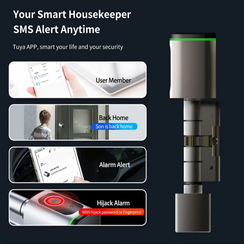 Tuya BLE Smart Electronic Door Lock DIY Cylinder Core Fingerprint APP Keys IC Card Unlock for Home Hotels Security Silver Color