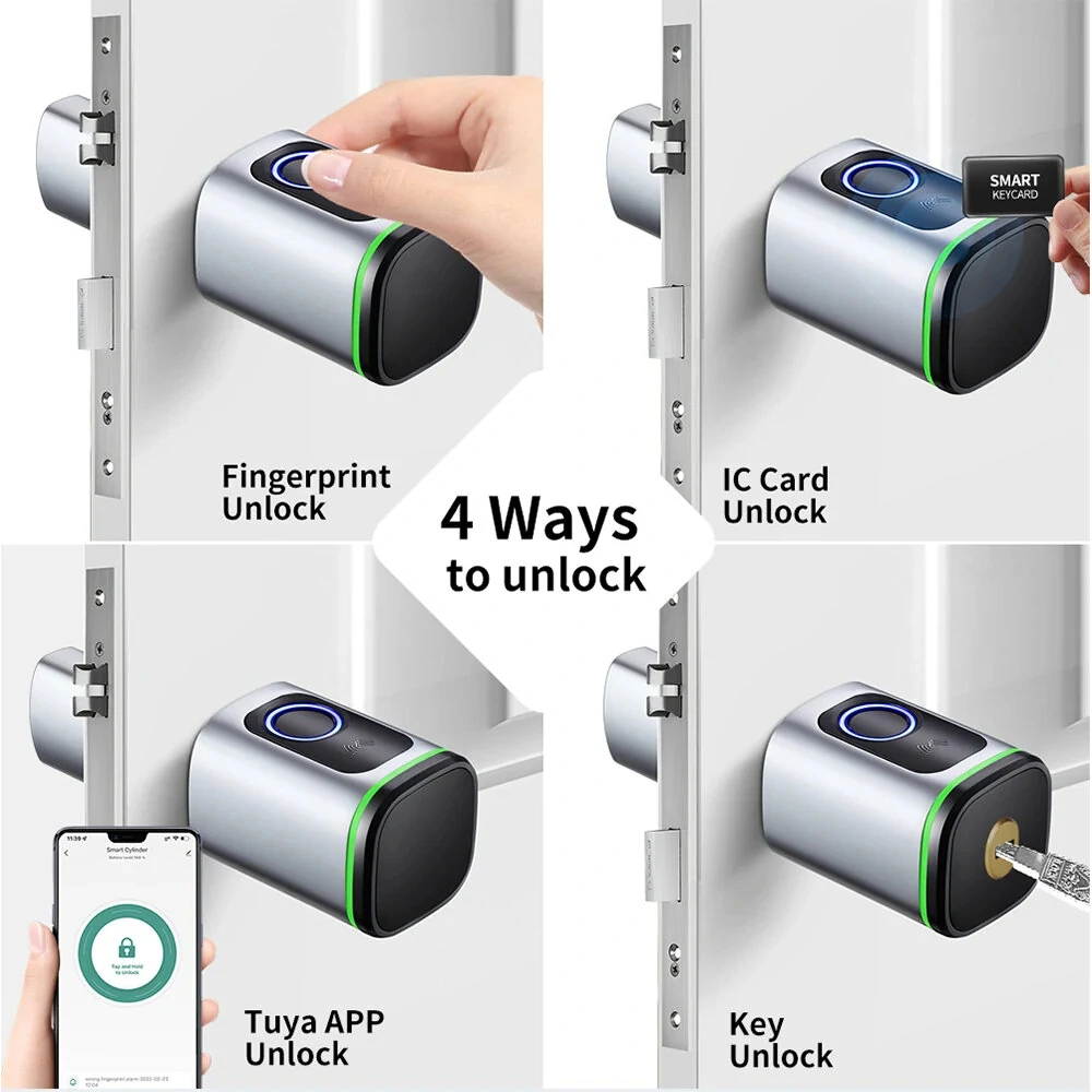 Tuya BLE Smart Electronic Door Lock DIY Cylinder Core Fingerprint APP Keys IC Card Unlock for Home Hotels Security Silver Color