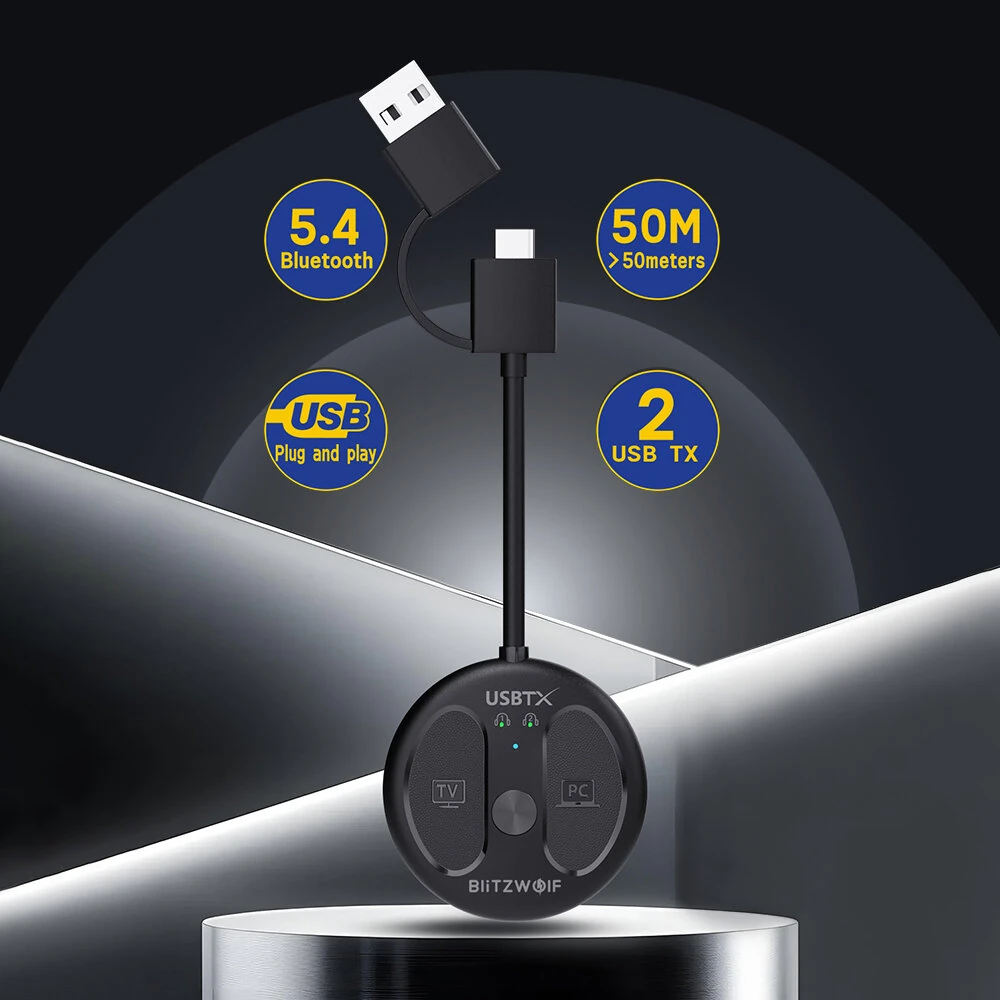 BlitzWolf® BW-LE524 USB Audio Transmitter Adapter bluetooth V5.4 Adapter 50m Range Dual Connection Low Latency Mini Portable Type-C USB Transmitter Adapter for TV PC
