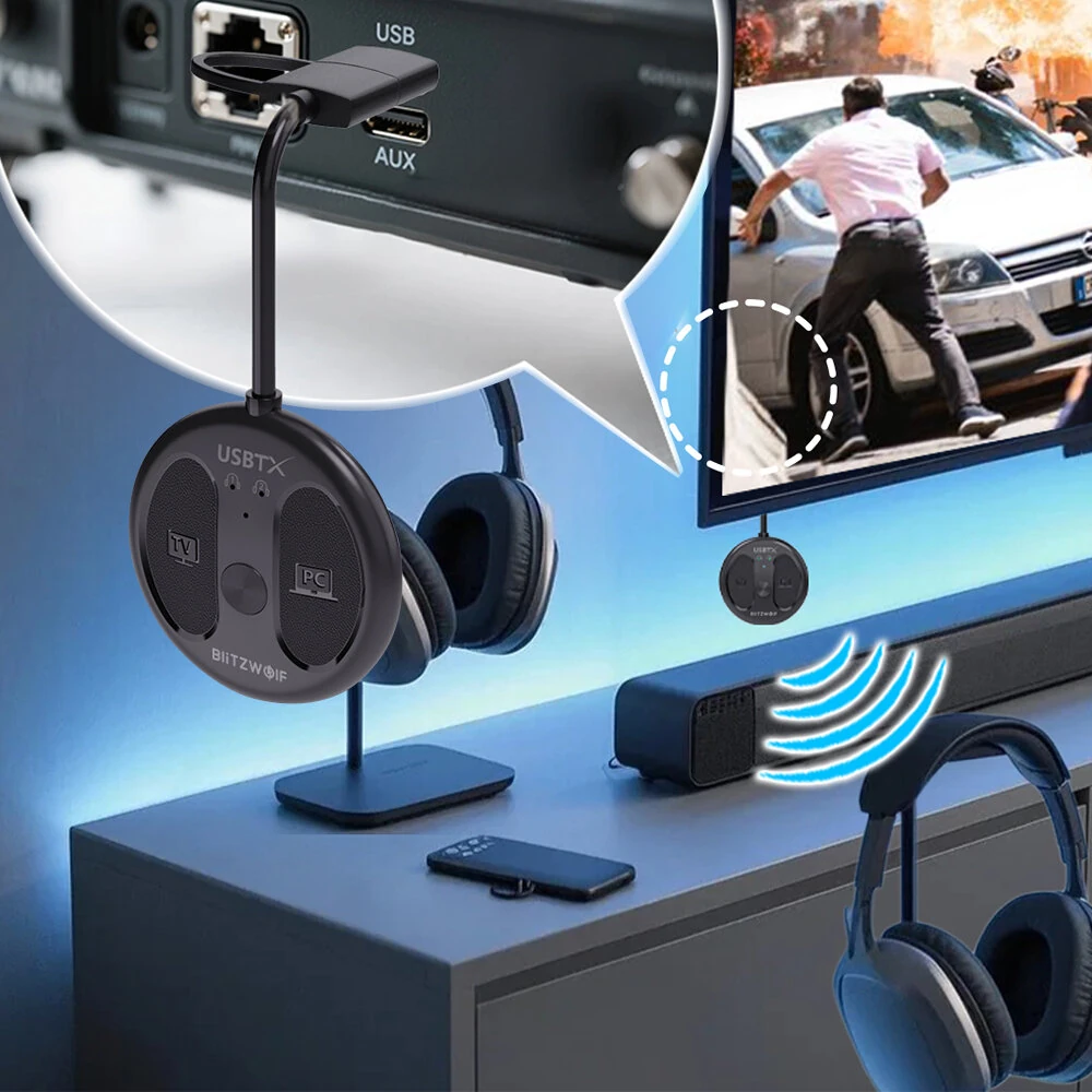 BlitzWolf® BW-LE524 USB Audio Transmitter Adapter bluetooth V5.4 Adapter 50m Range Dual Connection Low Latency Mini Portable Type-C USB Transmitter Adapter for TV PC