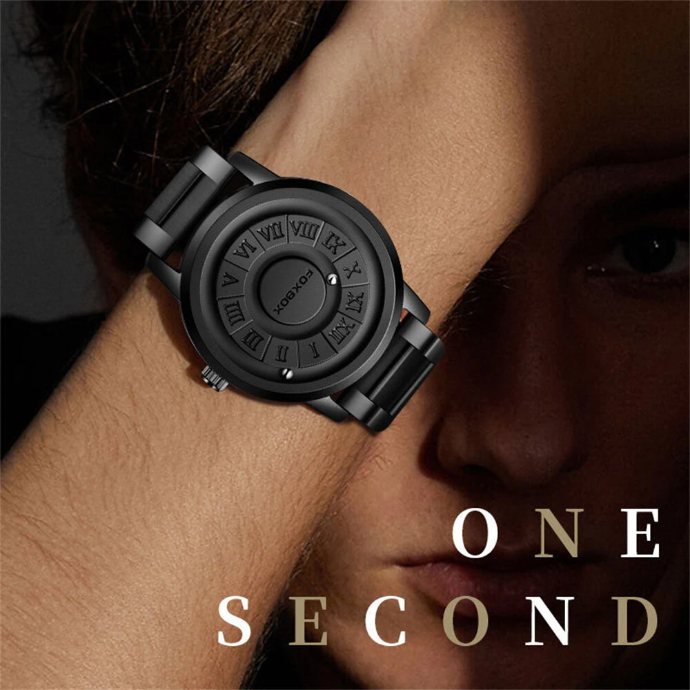 Creative Scrolling Stylish Black Dial Rotating Magnetic Bead Watch Roman Numerals Unique Men Wristwatch