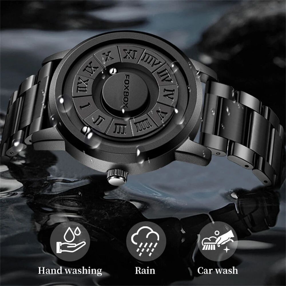Creative Scrolling Stylish Black Dial Rotating Magnetic Bead Watch Roman Numerals Unique Men Wristwatch
