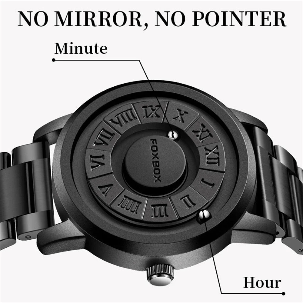 Creative Scrolling Stylish Black Dial Rotating Magnetic Bead Watch Roman Numerals Unique Men Wristwatch