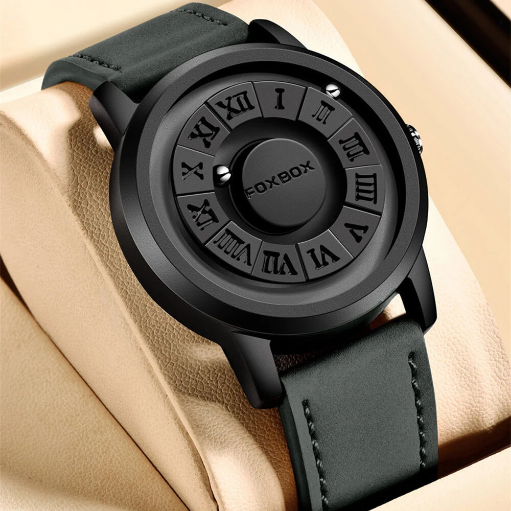 Creative Scrolling Stylish Black Dial Rotating Magnetic Bead Watch Roman Numerals Unique Men Wristwatch
