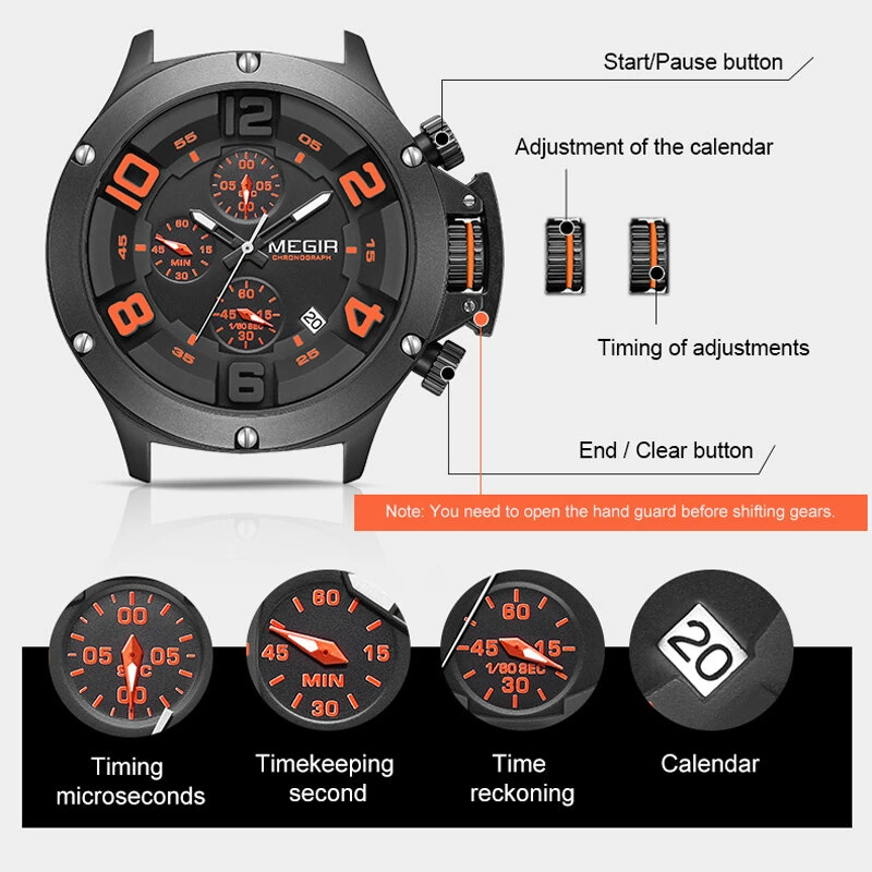 MEGIR Men Fashion Sport Quartz Watches Big Dial Multi-functional Watch Chronograph Waterproof Luminous Wristwatches Date Clock