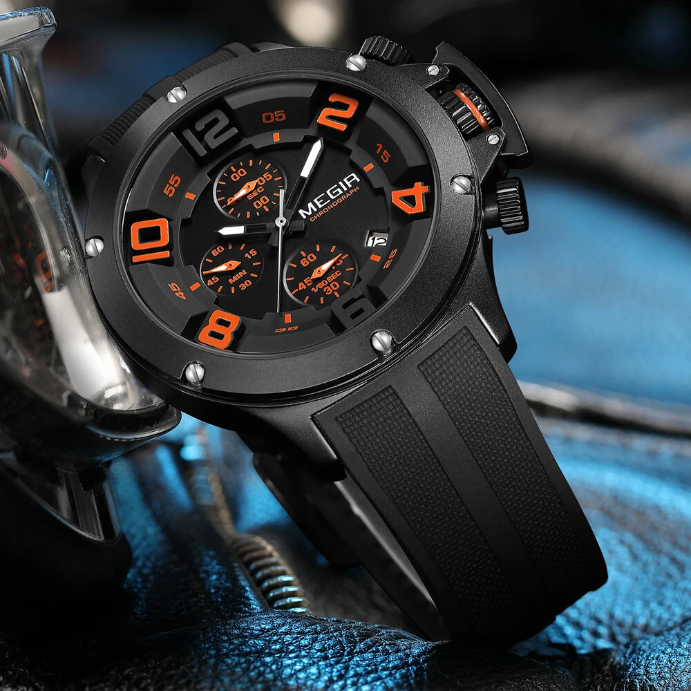 MEGIR Men Fashion Sport Quartz Watches Big Dial Multi-functional Watch Chronograph Waterproof Luminous Wristwatches Date Clock