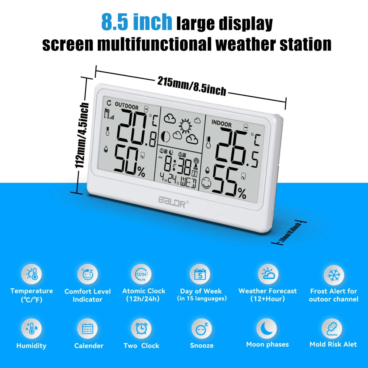 BALDR 8.5" LCD Screen Weather Station RCC Alarm Clock Digital Temperature Humidity Meter Weather Forecast Calendar Moon Phases Wireless Forecast Sensor