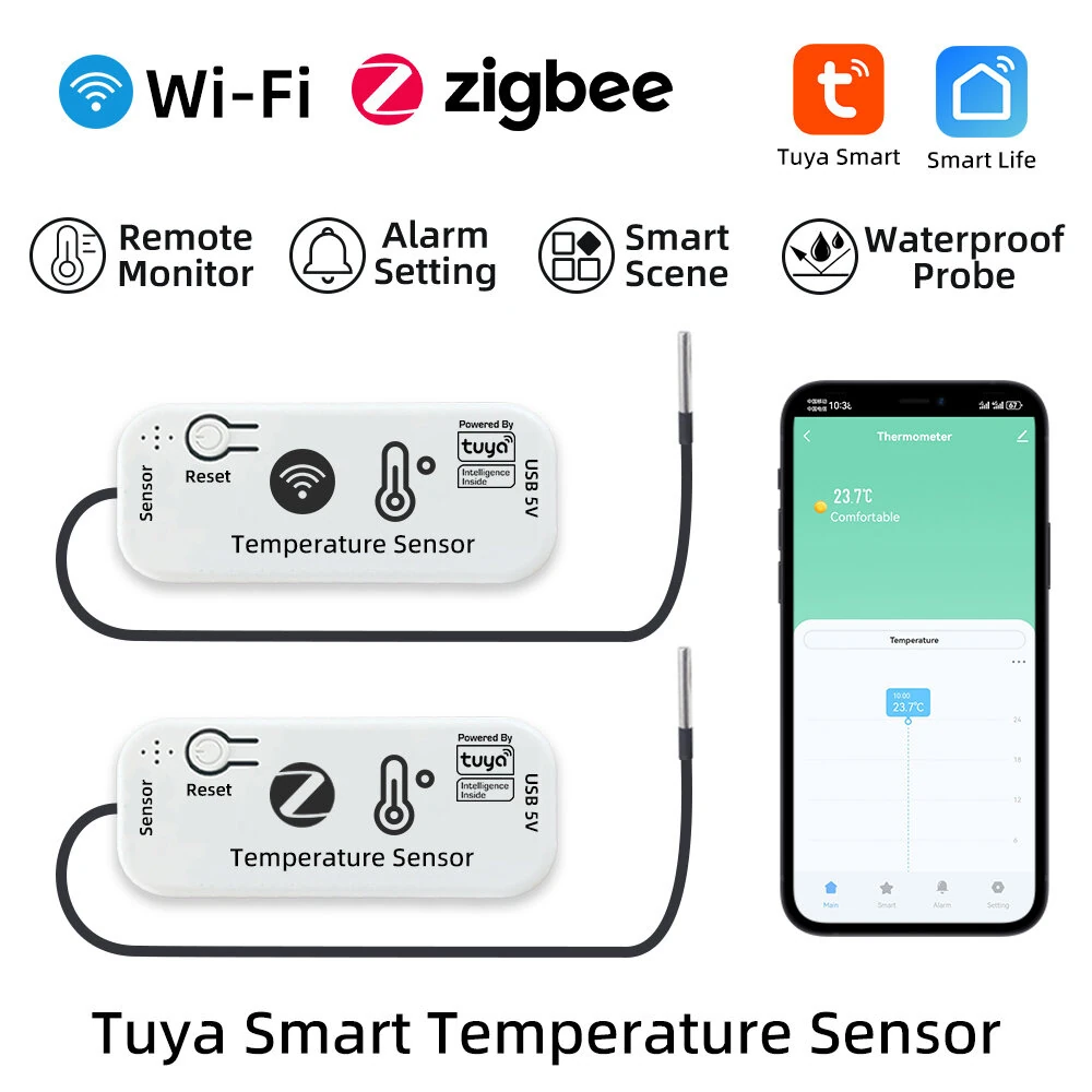 Tuya Smart WiFi /Zigbe Temperature Humidity Sensor -20°C to 105°C Remote Monitoring Alarm Alerts Smart Home Thermometer Smart Life APP