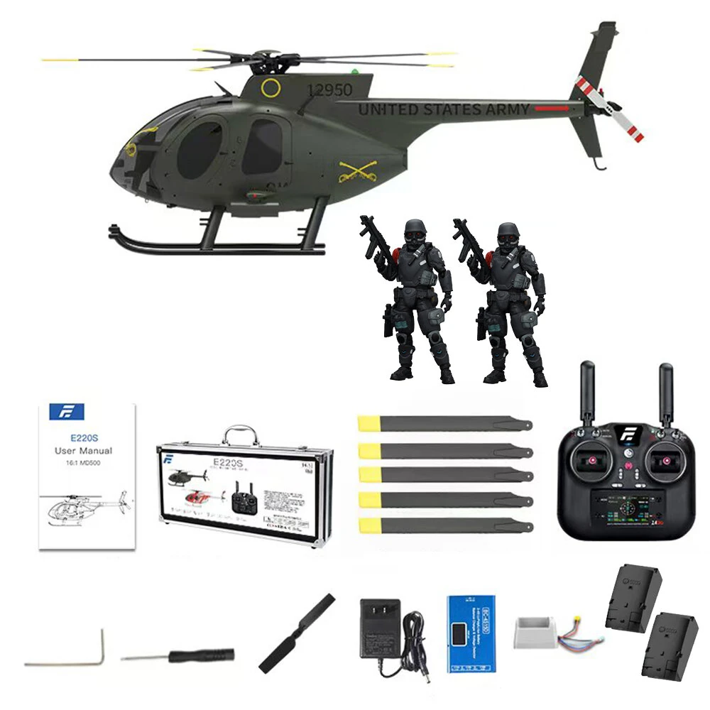 Eachine E220S MD500 2.4G 9CH GPS Optical Flow Localization TOF LiDAR Altitude Hold 1:16 Scale Flybarless RC Helicopter RTF 2 Batteries Version with 2PCS JOYTOY 1/25 XS-01 Night Raid Pilot Model