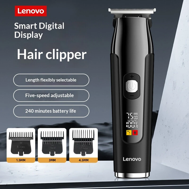 Lenovo Hair Clipper with LED Display 7000RPM Motor & 5 Speed Settings 240Min Cordless Use USB Charging 3 Guide Combs for Home Haircut