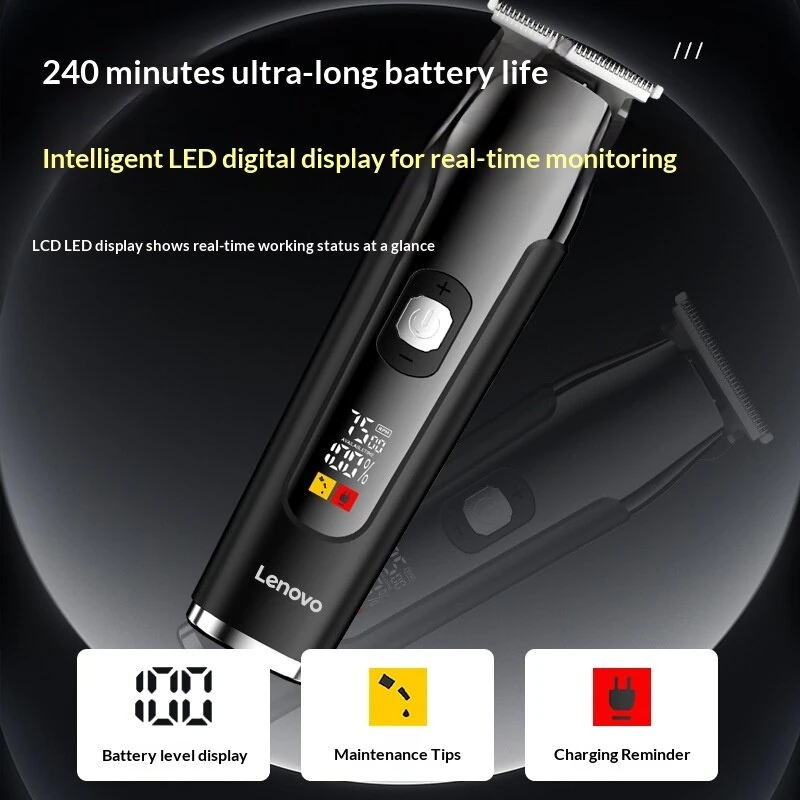 Lenovo Hair Clipper with LED Display 7000RPM Motor & 5 Speed Settings 240Min Cordless Use USB Charging 3 Guide Combs for Home Haircut