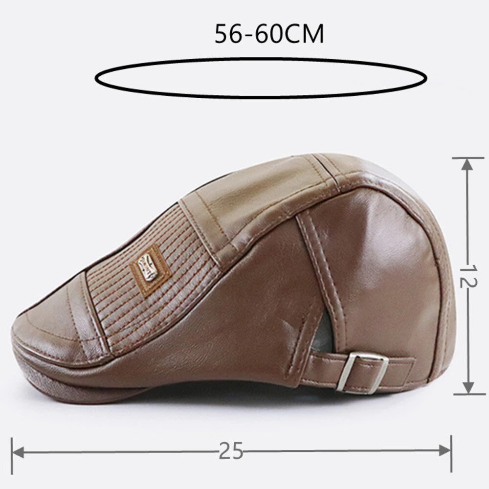 Collrown Beret Mens Adjustable PU Leather Flat Cap Stitch Newsboy Cap Driving Fishing Cabbie Hat Peaked Cap for Autumn Winter