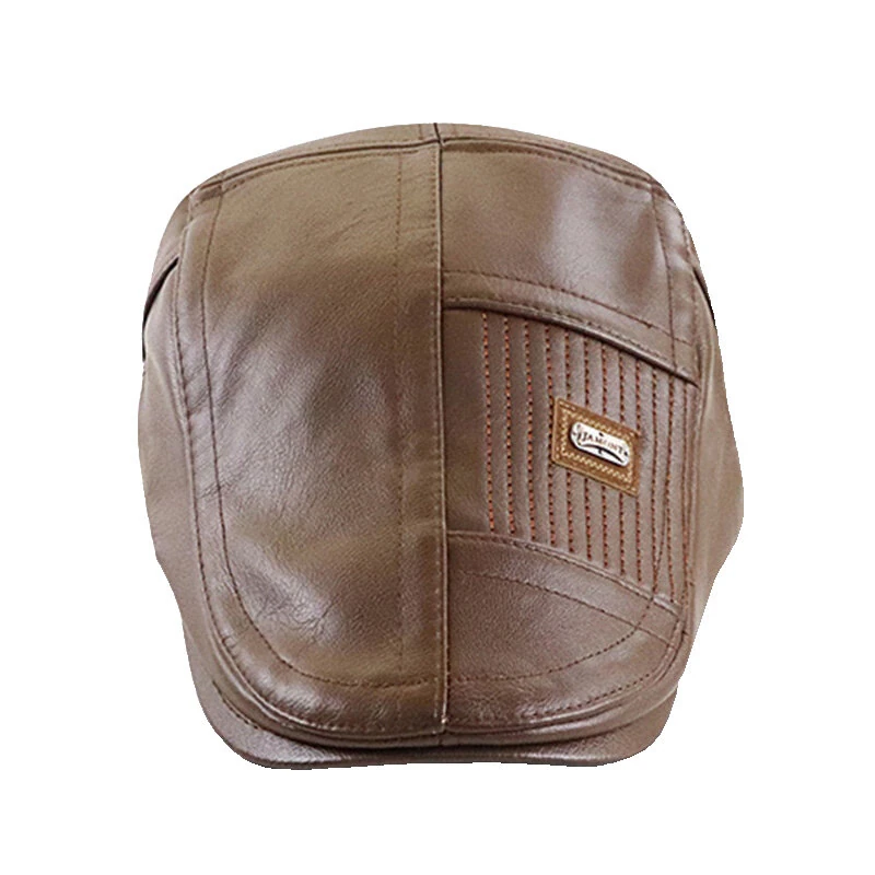 Collrown Beret Mens Adjustable PU Leather Flat Cap Stitch Newsboy Cap Driving Fishing Cabbie Hat Peaked Cap for Autumn Winter