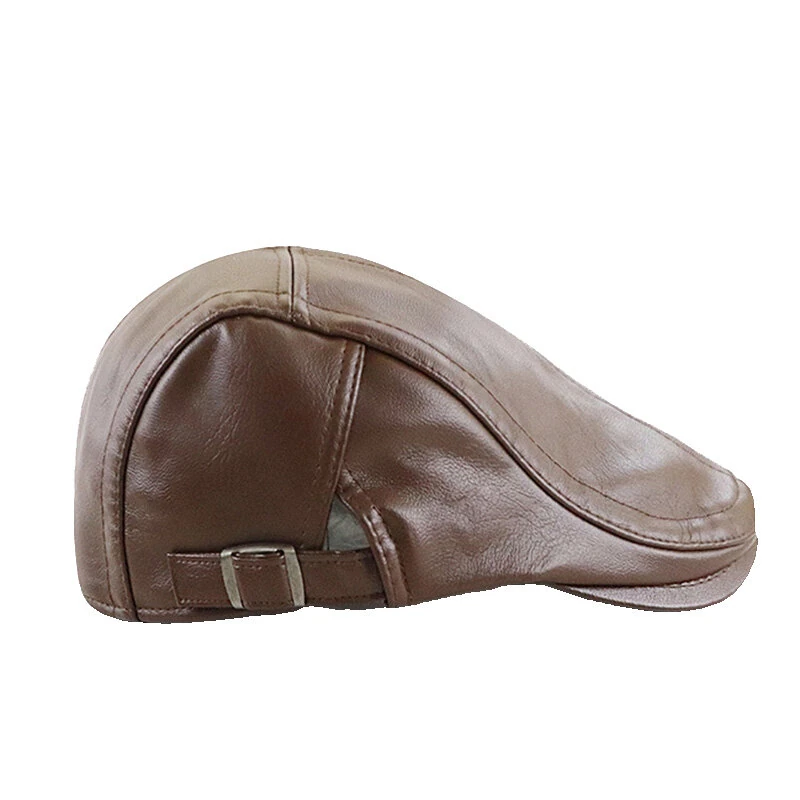 Collrown Beret Mens Adjustable PU Leather Flat Cap Stitch Newsboy Cap Driving Fishing Cabbie Hat Peaked Cap for Autumn Winter