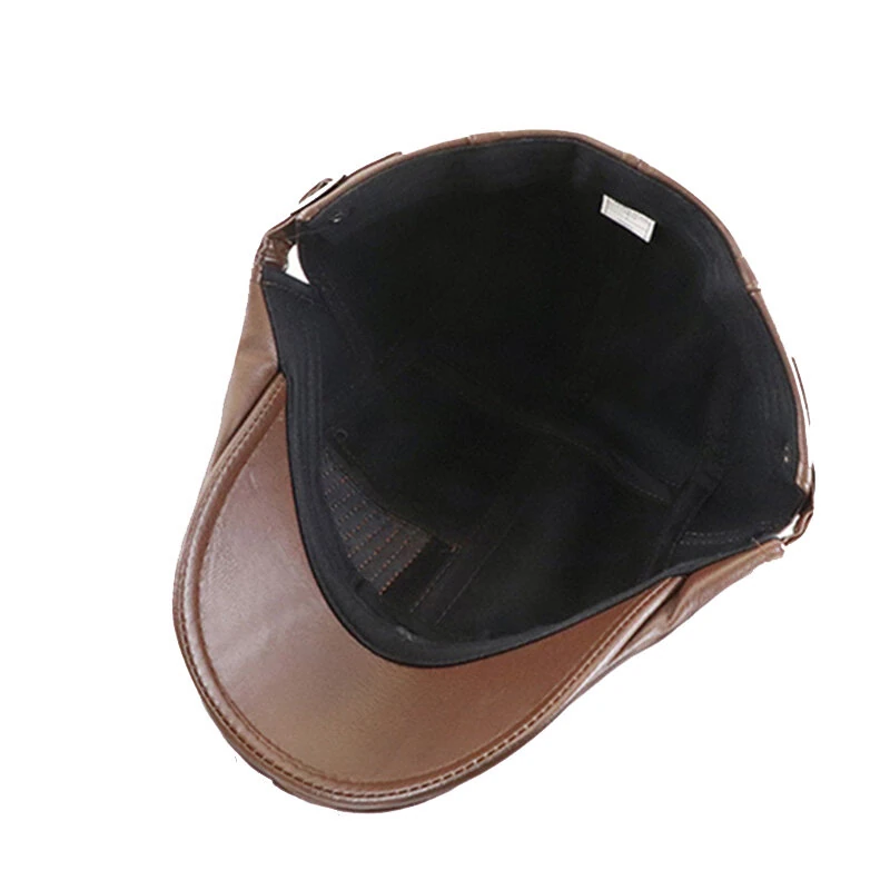 Collrown Beret Mens Adjustable PU Leather Flat Cap Stitch Newsboy Cap Driving Fishing Cabbie Hat Peaked Cap for Autumn Winter