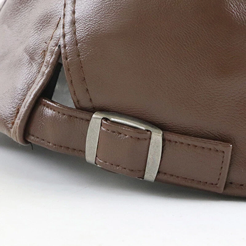 Collrown Beret Mens Adjustable PU Leather Flat Cap Stitch Newsboy Cap Driving Fishing Cabbie Hat Peaked Cap for Autumn Winter