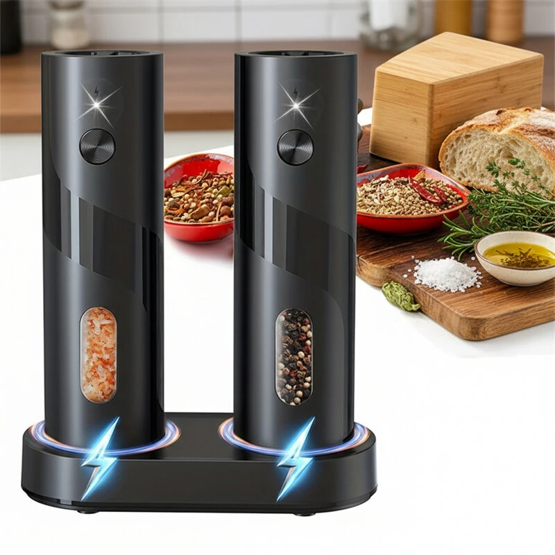 IPRee 2pcs Rechargeable Electric Salt and Pepper Grinder Set USB Automatic LED Adjustable Coarseness Stainless Steel Kitchen Gadgets for Home Cooking