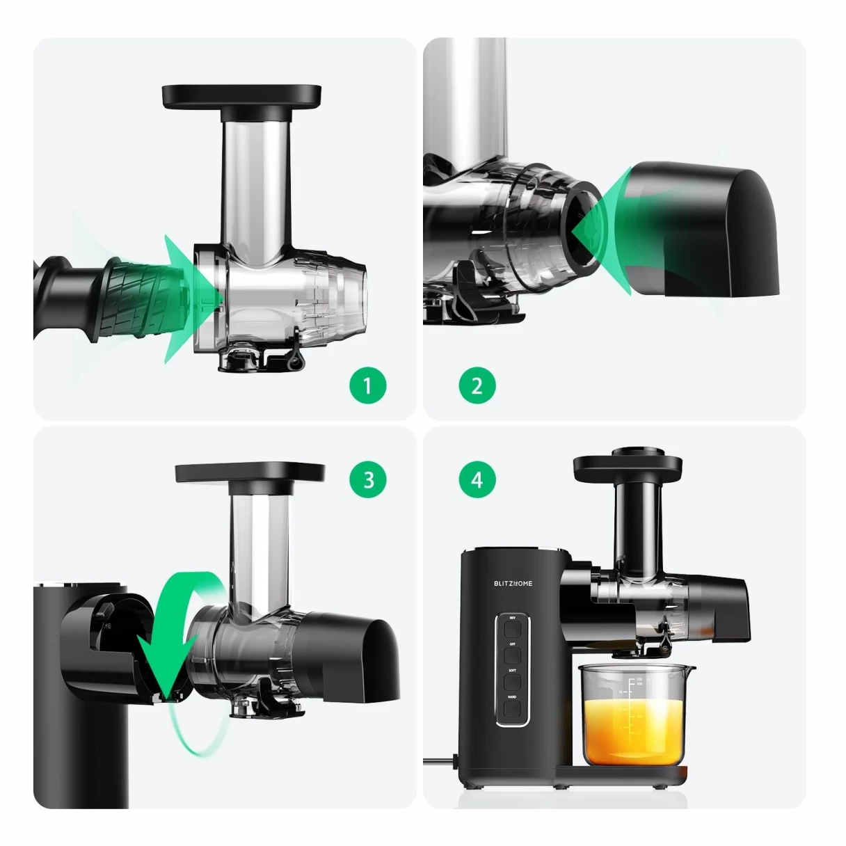 BlitzHome® BH-JC01 Cold Press Juicer Machines 2-Speed Modes Slow Masticating Juicer for Vegetable and Fruit with Quiet Motor/Reverse Function/Wide 1.73" Feed Port Easy to Clean