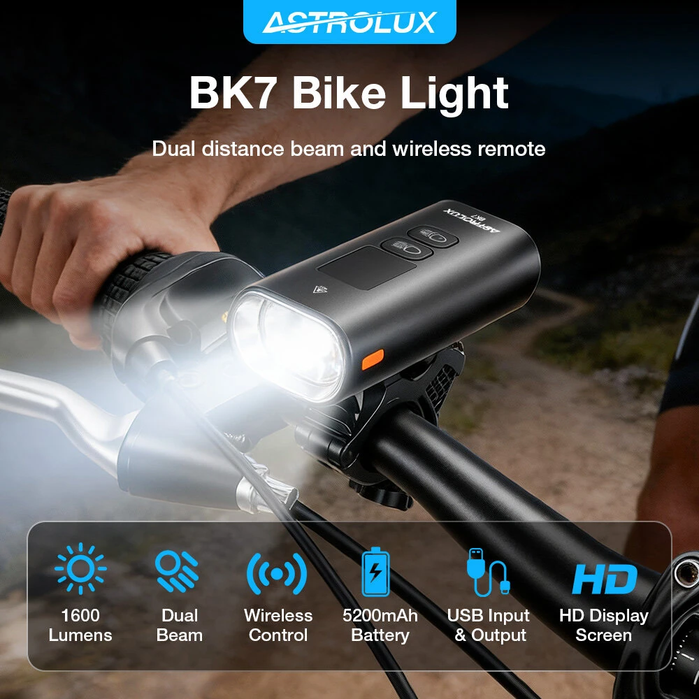 Astrolux BK7 Wireless Remote Smart Bicycle Headlight - 1600 Lumens with Digital Screen, Anti-glare, 5200mAh USB Rechargeable, Portable Power Bank for Road Mountain Bike