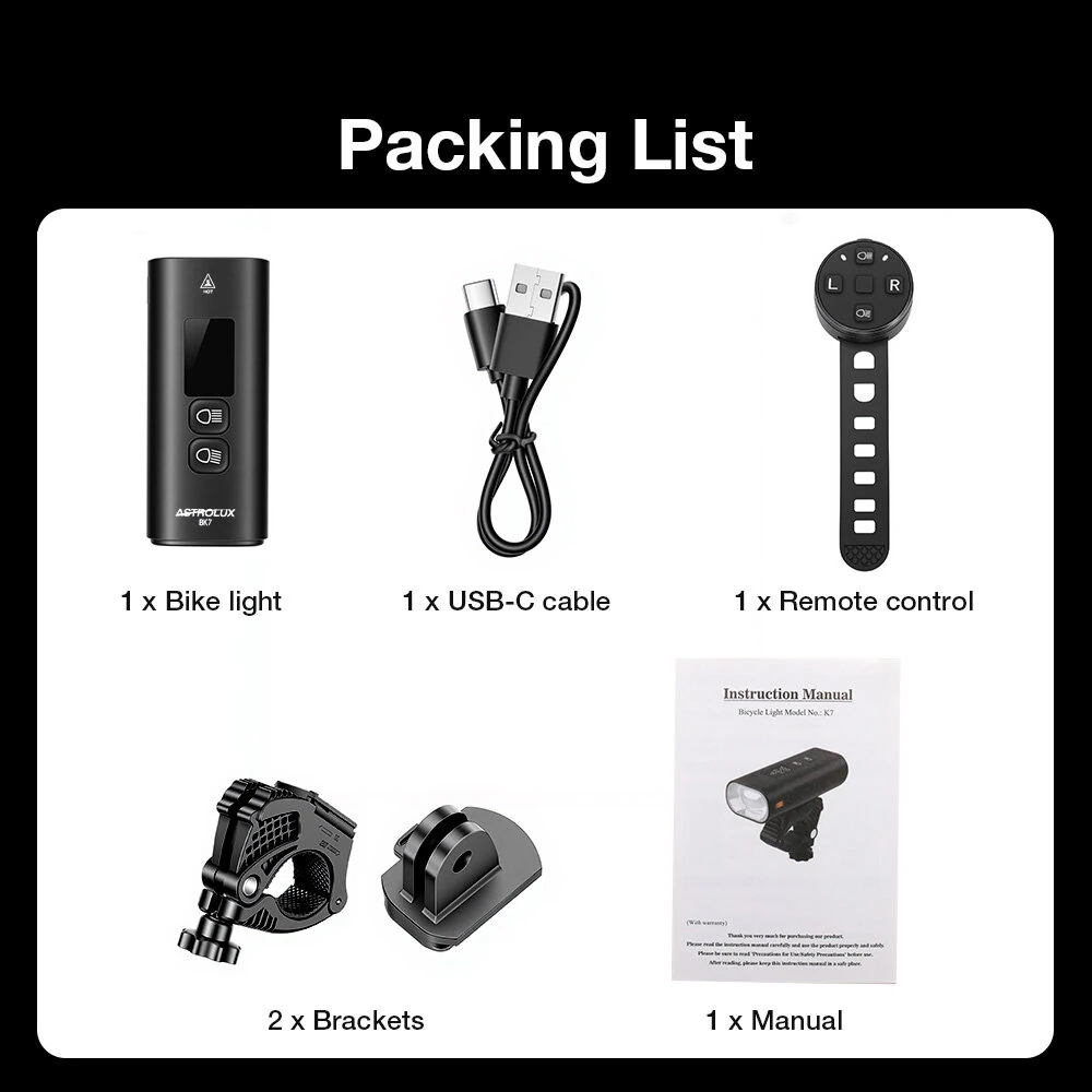 Astrolux BK7 Wireless Remote Smart Bicycle Headlight - 1600 Lumens with Digital Screen, Anti-glare, 5200mAh USB Rechargeable, Portable Power Bank for Road Mountain Bike