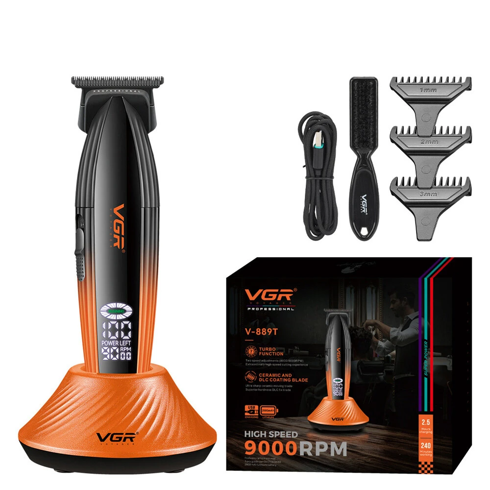 VGR V-889 Professional Hair Clipper with LED Display 9000 RPM Ceramic & Stainless Steel Blades 5-Level Cutting Guide USB Charging for Home Barber Use